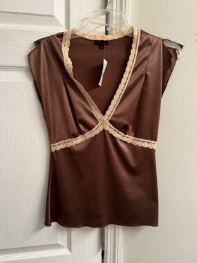 Silky Brown Lace-Trim Sleep Top by